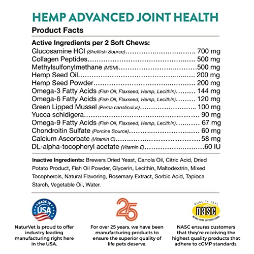 NaturVet Hemp Advanced Joint Health Dog Supplement Soft Chews –Helps Support Joint Health in Dogs – Includes Hemp Seed, Collagen, Glucosamine, MSM, Chondroitin, Omegas – 120 Ct.
