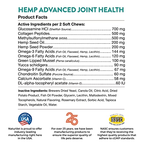 NaturVet Hemp Advanced Joint Health Dog Supplement Plus Hemp Seed – Helps Support Joint Health in Dogs – Includes, Collagen, Glucosamine, MSM, Chondroitin, Omegas – 60 Ct.
