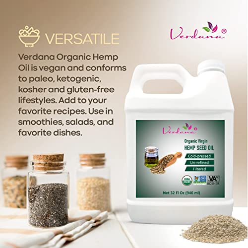 Organic Verdana Virgin Hemp Seed Oil – Unrefined Canadian Cold Pressed Oil – Non-GMO, Kosher Food Grade and Organic – 32 Fl Oz