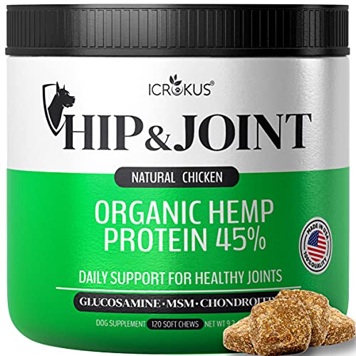 ICROKUS Hemp Hip and Joint Supplement for Dogs - Glucosamine Chondroitin Dogs Chews for Mobility Support Pain Relief Joint Health with MSM, Hemp Oil, Turmeric 120 Count