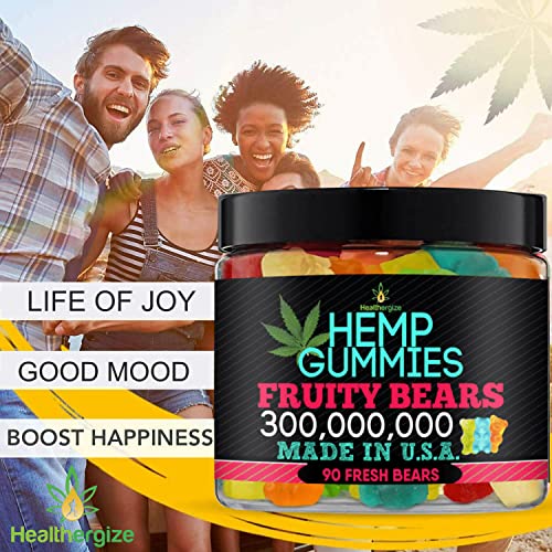Healthergize Hemp Gummies Premium-Made In USA-Best Tasting Fresh And Fruity Hemp Gummy Bears-Natural Hemp Candy-For Peace And Relaxation, Muscles, Back, Knees, Joints, Party Natural Candy-90 Bears