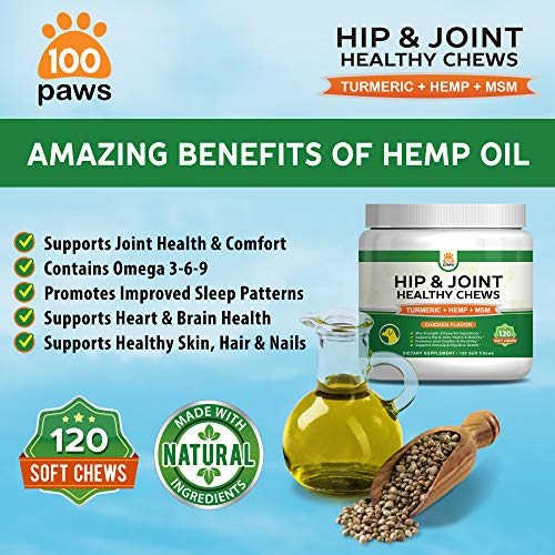 Hip & Joint Supplement for Dogs - Hemp Oil Infused Soft Chews Dog Treats w/Glucosamine, Turmeric, Chondroitin, MSM & Omega 3 6 9 - Supports Pet Mobility & Pain Relief - 120 Treat Bites