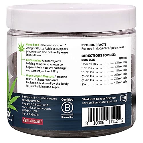 Only Natural Pet Hemp Advanced Mobility Support - Hip & Joint Supplement for Dogs with Hemp Oil, Glucosamine, MSM, Green Lipped Mussels, Chondroitin and Hyaluronic Acid - 60 Soft Chews