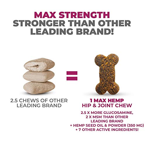 MAX Hemp Glucosamine for Dogs - 10-in-1 Vet Formulated Hip & Joint Chews with Hemp Seed Oil + MSM + Chondroitin + Turmeric. Advanced Support Supplement with Vitamins