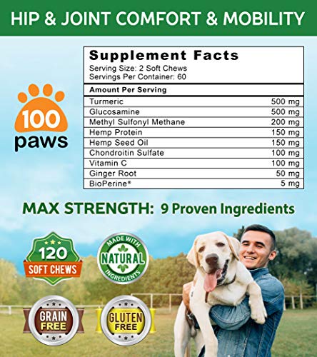 Hip & Joint Supplement for Dogs - Hemp Oil Infused Soft Chews Dog Treats w/Glucosamine, Turmeric, Chondroitin, MSM & Omega 3 6 9 - Supports Pet Mobility & Pain Relief - 120 Treat Bites
