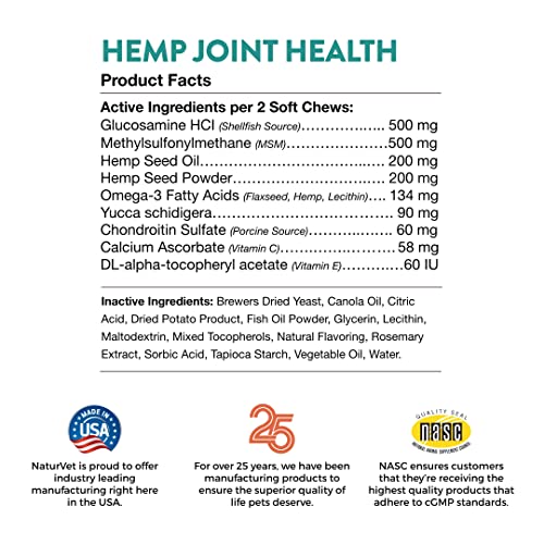 NaturVet Hemp Joint Health Hip & Joint Support Dog Supplement – Soft Chew Supplements for Dogs with Glucosamine, MSM, Chondroitin, Omega 3, Vitamins, Antioxidants – 240 Ct.