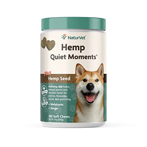NaturVet Quiet Moments Calming Aid Dog Supplement, Helps Promote Relaxation, Reduce Stress, Storm Anxiety, Motion Sickness for Dogs (Quiet Moments Plus Hemp, 180 Soft Chews)