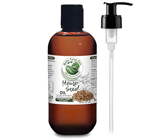 Hemp Seed Oil. 8oz. 100% Pure. Cold-pressed. Unrefined. Organic. Non-GMO. Chemical-free. Soothes Dry Skin. Rich in Omega 3, 6. Natural Moisturizer for Hair, Skin, Beard, Stretch Marks. Bella Terra Oils.