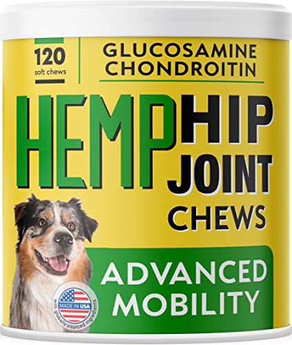 Hemp Treats for Dogs - Hip and Joint Supplement w/Glucosamine, Chondroitin, MSM, Omega 3 - Joint Pain Relief - Advanced Formula - Senior Dog Aid - Made in USA - 120 Chews