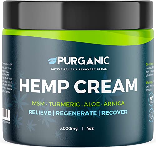 PURGANIC (4oz) Natural Hemp Cream - Maximum Strength - Help Relieve Tension, Muscle, Joint, Lower Back, Wrist, Hands, Elbows and Knee Aches - XL Jar - Made in USA