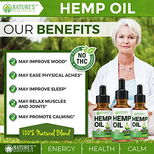 NATURE'S BENEFICIALS Organic Hemp Oil Extract Drops, 300mg - Omega Fatty Acids 3 6 9, Non-GMO Ultra-Pure CO2 Extracted