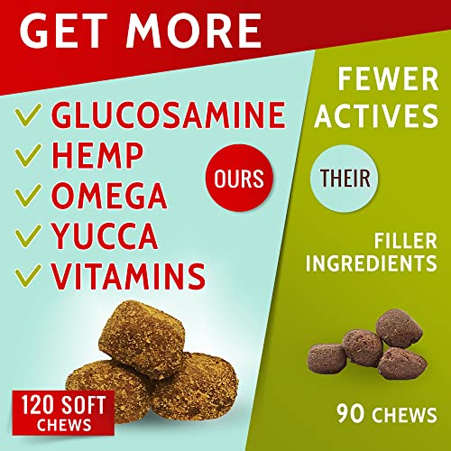 Hemp Treats for Dogs - Hip and Joint Supplement w/Glucosamine, Chondroitin, MSM, Omega 3 - Joint Pain Relief - Advanced Formula - Senior Dog Aid - Made in USA - 120 Chews