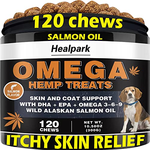 Omega 3 +Salmon Fish Oil for Dogs - Hemp Chews - Dog Skin and Coat Supplement for Itchy, Dry Skin, Shedding, Hot Spots, Allergy Relief, Skin Issues - w/Hemp Oil, & Vitamin for Shiny Coat - 120 Treats
