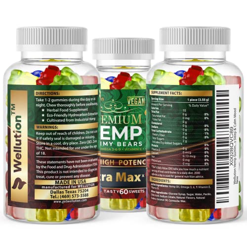 WELLUTION Hemp Gummies Extra Max - Fruity Gummy Bear with Hemp Oil. Natural Hemp Candy Supplements Loaded with Vitamins