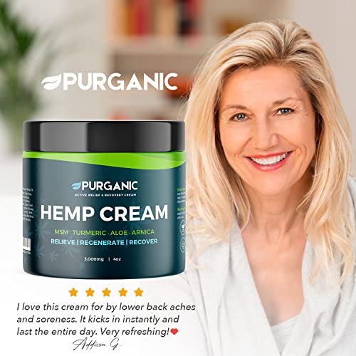 PURGANIC (4oz) Natural Hemp Cream - Maximum Strength - Help Relieve Tension, Muscle, Joint, Lower Back, Wrist, Hands, Elbows and Knee Aches - XL Jar - Made in USA