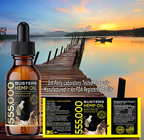 K2xLabs Buster's Organic Hemp Oil for Dogs and Pets, 555,000 Max Potency, Large 60ml Bottle, Made in USA - Miracle Formula, Perfectly Balanced Omega 3, 6, 9 - Relief for Joints, Calming (2Pack)