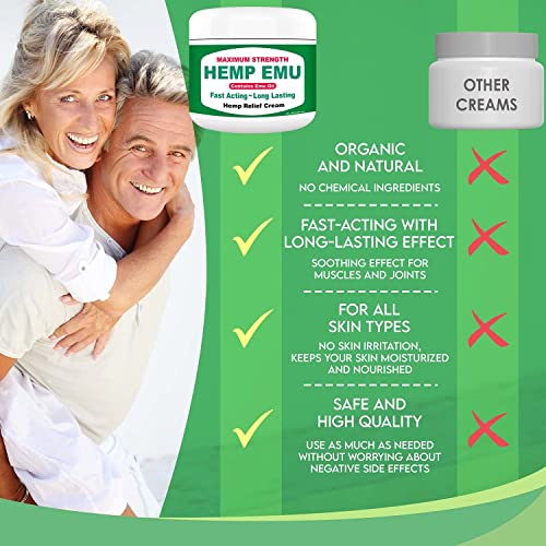 Hemp Emu Hemp Cream - Organic Hemp Oil Muscle Rub - Naturally Soothe Discomfort in Joints, Back, Knees with Premium Menthol Cream & Eucalyptus Essential Cream - Made in USA - 4oz