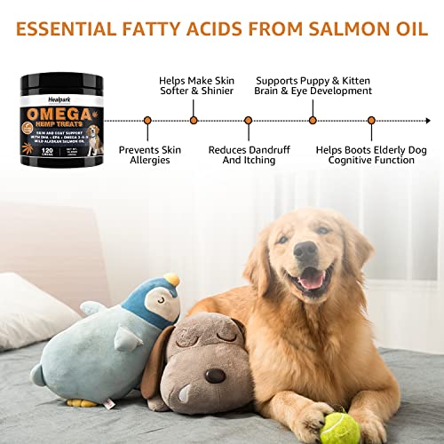 Omega 3 +Salmon Fish Oil for Dogs - Hemp Chews - Dog Skin and Coat Supplement for Itchy, Dry Skin, Shedding, Hot Spots, Allergy Relief, Skin Issues - w/Hemp Oil, & Vitamin for Shiny Coat - 120 Treats