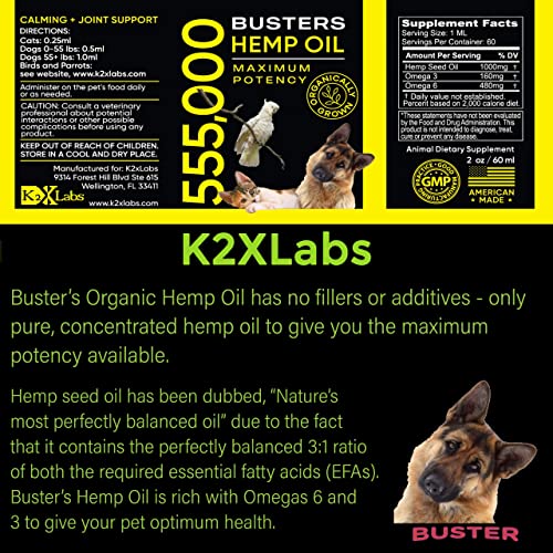 K2xLabs Buster's Organic Hemp Oil for Dogs and Pets, 555,000 Max Potency, Large 60ml Bottle, Made in USA - Miracle Formula, Perfectly Balanced Omega 3, 6, 9 - Relief for Joints, Calming (2Pack)