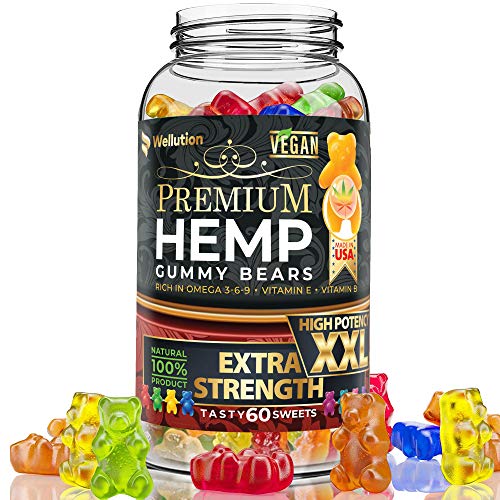 WELLUTION Hemp Gummies Extra Strength XXL High Potency Vegan - Fruity Gummy Bear with Hemp Oil. Natural Hemp Candy Supplements for Stress and Inflammation - Promotes Sleep and Calm Mood