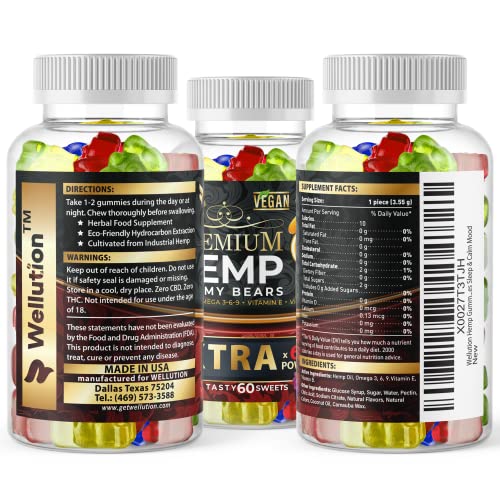 WELLUTION Hemp Gummies Extra Strength XXL High Potency Vegan - Fruity Gummy Bear with Hemp Oil. Natural Hemp Candy Supplements for Stress and Inflammation - Promotes Sleep and Calm Mood