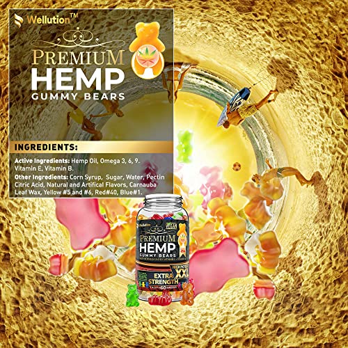 WELLUTION Hemp Gummies Extra Strength XXL High Potency Vegan - Fruity Gummy Bear with Hemp Oil. Natural Hemp Candy Supplements for Stress and Inflammation - Promotes Sleep and Calm Mood