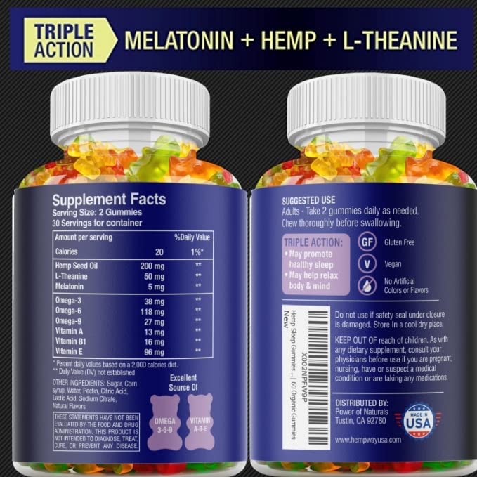 Hemp Sleep Gummies Triple Action | Promotes Healthy Sleep | Relaxes Body & Mind | Made in USA | 5mg Melatonin | 200mg Hemp | 10mg L-Theanine | 60 Organic Gummies