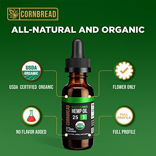 CORNBREAD Organic Hemp Oil - USDA Certified Organic Extract Drops, Whole Flower Formula, Omega 3-6-9 Fatty Acids
