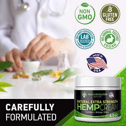 Health Revolution Extra Strength Hemp Cream, Natural Hemp Oil Extract Cream for Discomfort in Knees, Joint, Back and Elbow with Arnica, MSM, Emu, Turmeric