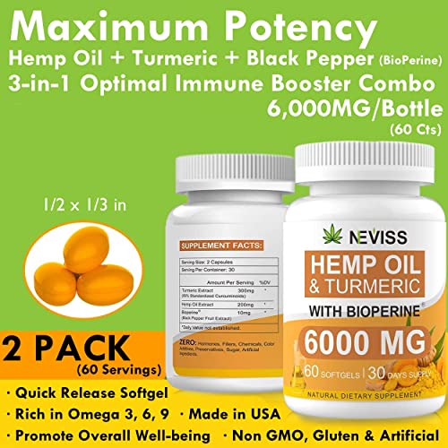 2 Pack Hēmp Oil Capsules with Turmeric - Organic Hēmp Softgels Pills with Turmeric Curcumin, Black Pepper - Vegan Omega 3 & 6 Supplement - Extra Strength & Absorption - Made in USA - 120 Softgels
