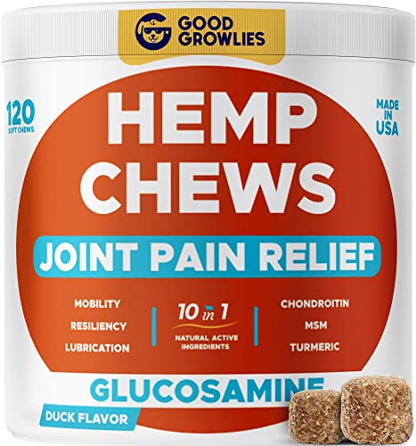 GOODGROWLIES Hemp Hip & Joint Supplement for Dogs Glucosamine, Chondroitin, MSM, Turmeric, Hemp Seed Oil & Hemp Protein for Joint Pain Relief & Mobility 120 Soft Chews Bacon Flavor