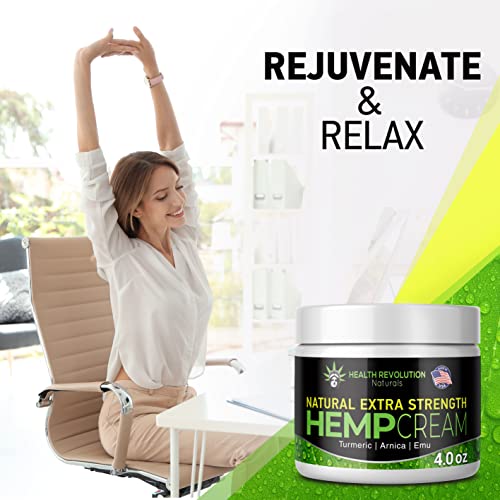 Health Revolution Extra Strength Hemp Cream, Natural Hemp Oil Extract Cream for Discomfort in Knees, Joint, Back and Elbow with Arnica, MSM, Emu, Turmeric