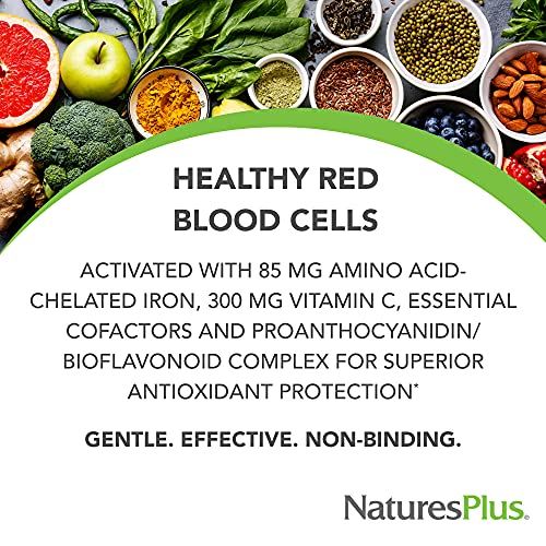 NaturesPlus Hema-Plex Iron - 60 Tablets - 85 mg Elemental Iron + Vitamin C & Bioflavonoids for Healthy Red Blood Cells - Vegan, Gluten Free - 30 Servings