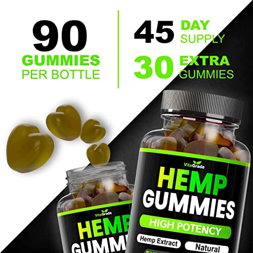 Hemp Gummies - Extra Strength - Great for Peace & Relaxation - Infused with Pure Hemp Oil Extract, Ashwagandha - L-Theanine - High Potency Supplement - Tasty Relief - 90 Edibles - Made in USA