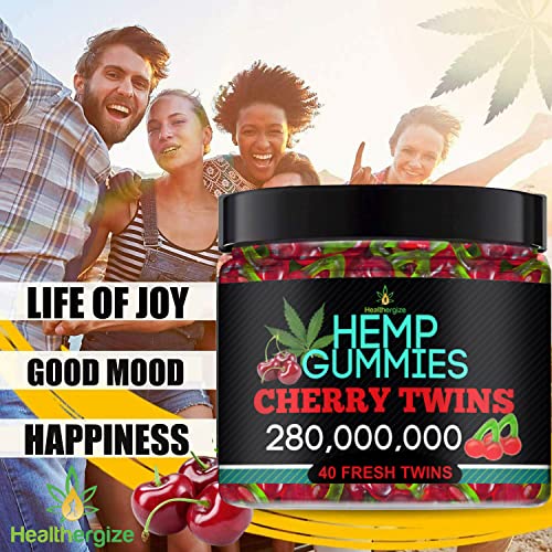Healthergize Hemp Gummies Premium-Delicious Cherry Twins-Made In USA-Natural Hemp Candy-For Sleep, Relax, Calm, Chill, Party Candy, Discomfort-40 Fresh Twins