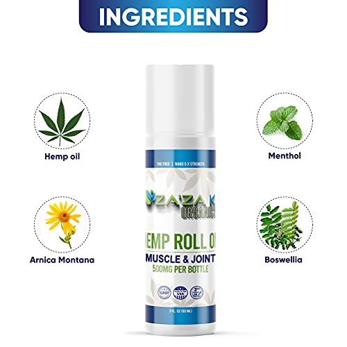 ZA'ZA K ORGANICS 500mg Hemp Relief Roll-On Gel, USA Made - Faster Acting, Longer Lasting. 3 oz