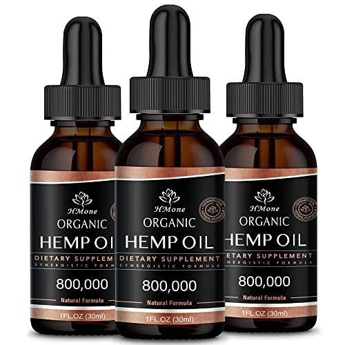Hemp Oil - 3 Pack - 800,000 Maximum Strength - Pure & CO2 Extract Drops - Organic, Vegan, Non-GMO, Grown in USA