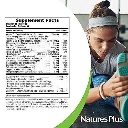 NaturesPlus Hema-Plex Iron - 60 Tablets - 85 mg Elemental Iron + Vitamin C & Bioflavonoids for Healthy Red Blood Cells - Vegan, Gluten Free - 30 Servings
