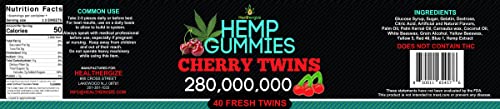 Healthergize Hemp Gummies Premium-Delicious Cherry Twins-Made In USA-Natural Hemp Candy-For Sleep, Relax, Calm, Chill, Party Candy, Discomfort-40 Fresh Twins