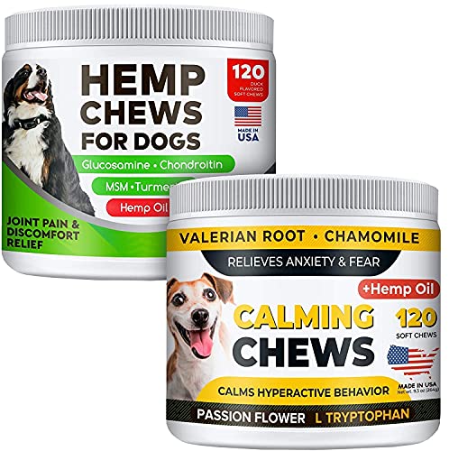 All-Natural Hemp + Glucosamine Chews and Hemp Calming Chews for Dogs Combo - Advanced Hip & Joint Supplement w/Hemp Oil Turmeric MSM Chondroitin and Natural Separation Aid - Anxiety Relief - 240Chews