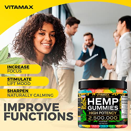 Vitamax Natural Hemp Gummies - Sugar Bears - Helps Support Rest & Relaxation - Assorted Natural Sweet Fruit Flavors - Made in USA - Calming Gummies - 100ct