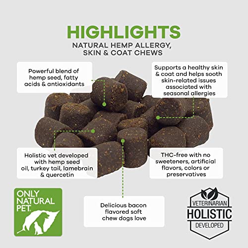 Only Natural Pet Allergy, Skin & Coat Hemp Soft Chews - Allergy Immune Bites for Dogs, Omega 3 Supplement, Hemp Oil - Calming Treats for Itchy Skin Relief, Hot Spot - (60 Count)