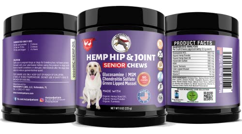 WIZARDPET Mobility Hemp Hip & Joint Supplement for Senior Dogs | Chondroitin Glucosamine MSM Turmeric Green Lipped Mussel | Extra Strength Formula for Arthritis Pain Relief & Mobility | 90 Soft Chews