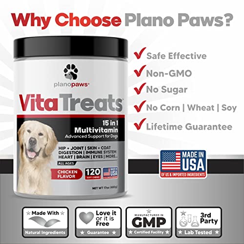 Vita Treats - Dog Vitamins and Supplements - Hemp Oil for Dogs - Glucosamine Chondroitin for Dogs - Omega 3 Fish Oil for Skin & Coat - Probiotics - Dog Joint Supplement - 120 Dog Multivitamin Chews