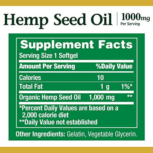 Nature's Bounty Hemp Seed Oil, Herbal Supplement, 1000mg Cold Pressed Oil, 30 Softgels