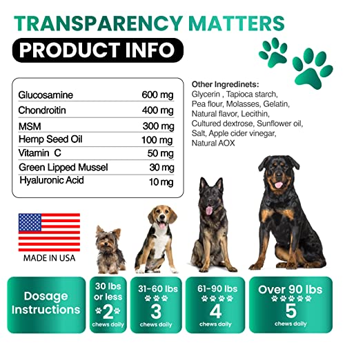 Hemp Hip and Joint Supplement for Dogs - Glucosamine for Dogs - 170 Dog Joint Pain Relief Treats - Chondroitin, MSM, Hemp Oil - Advanced Dog Joint Supplement Health - Mobility Support Chews