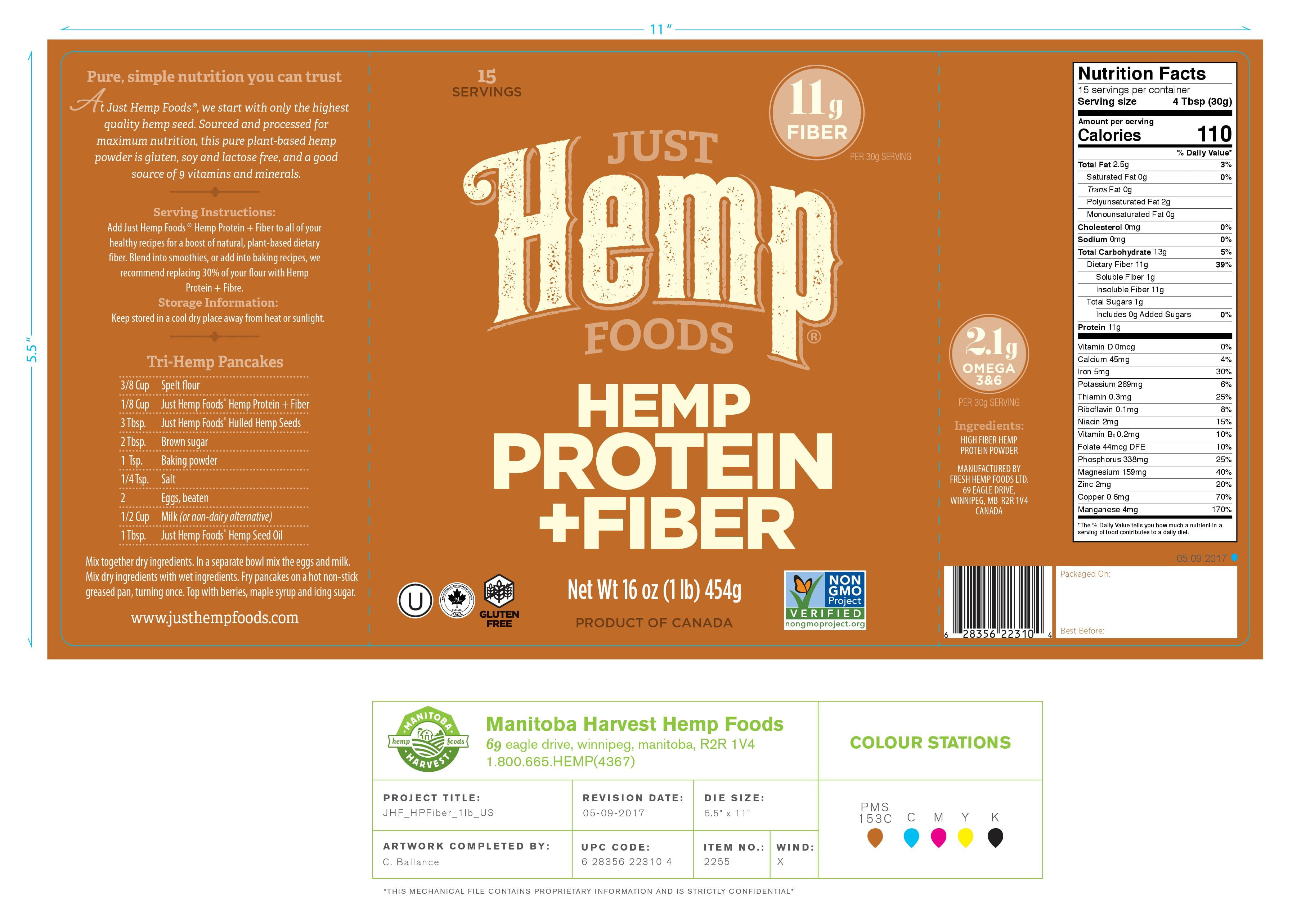 Just Hemp Foods Hemp Protein Powder Plus Fiber, Non-GMO Verified with 11g of Protein & 11g of Fiber per Serving, 16 oz - Packaging May Vary