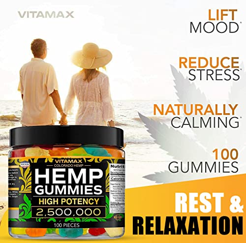 Vitamax Hemp Gummies - Great for Peace & Relaxation - 2,500,000 - Natural Fruit Flavors Tasty Relief – Made in USA – Relaxing Gummies – 100ct