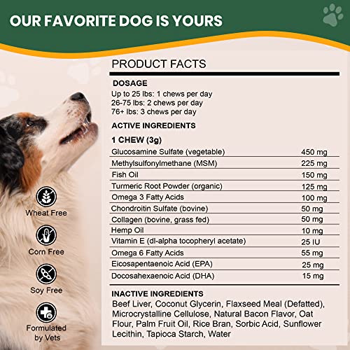 Veterinary Naturals Hemp & Hips Joint Supplement for Dogs - 60 Soft Chews for Dog Hip and Joint Supplement with Glucosamine for Dogs, MSM, & Turmeric (Beef & Bacon)