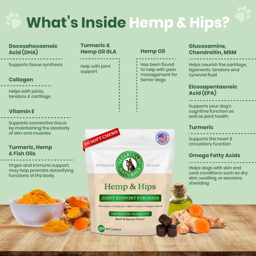 Vet Naturals Hemp & Hips, Senior Large Breed Dog Supplement - 60ct Dog Hip and Joint Supplement w Glucosamine for Dogs & MSM (Beef & Bacon)